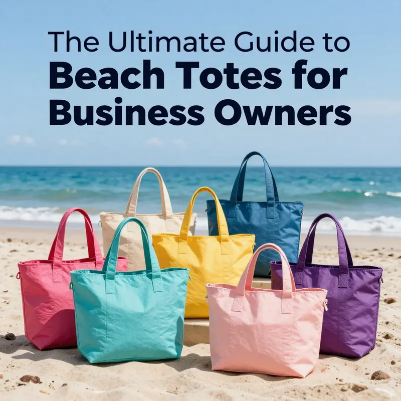 Colorful beach totes displayed on a sandy beach along with a clear blue ocean, symbolizing summer adventures.