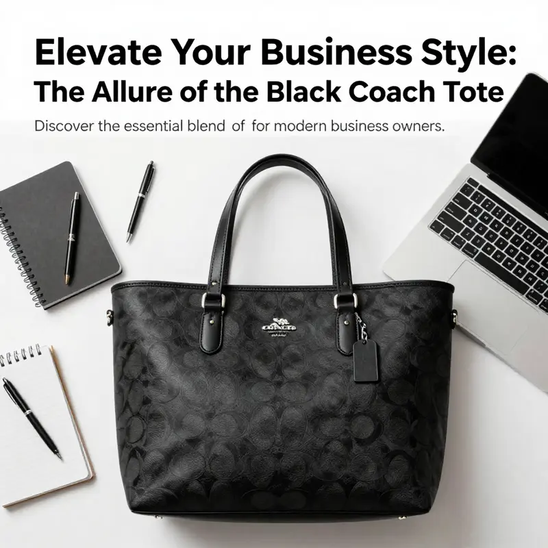 A black Coach tote bag amid office supplies and a laptop, highlighting its significance in business environments.