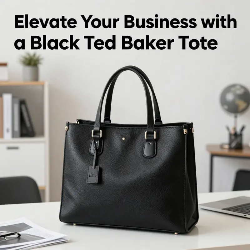 A black Ted Baker tote bag placed on an office desk among business materials.