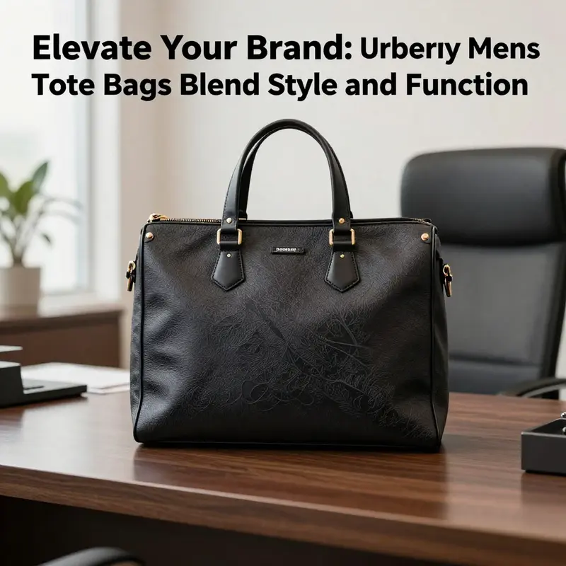 A Burberry mens tote bag sitting on an office desk, showcasing its elegant design in a luxurious professional environment.