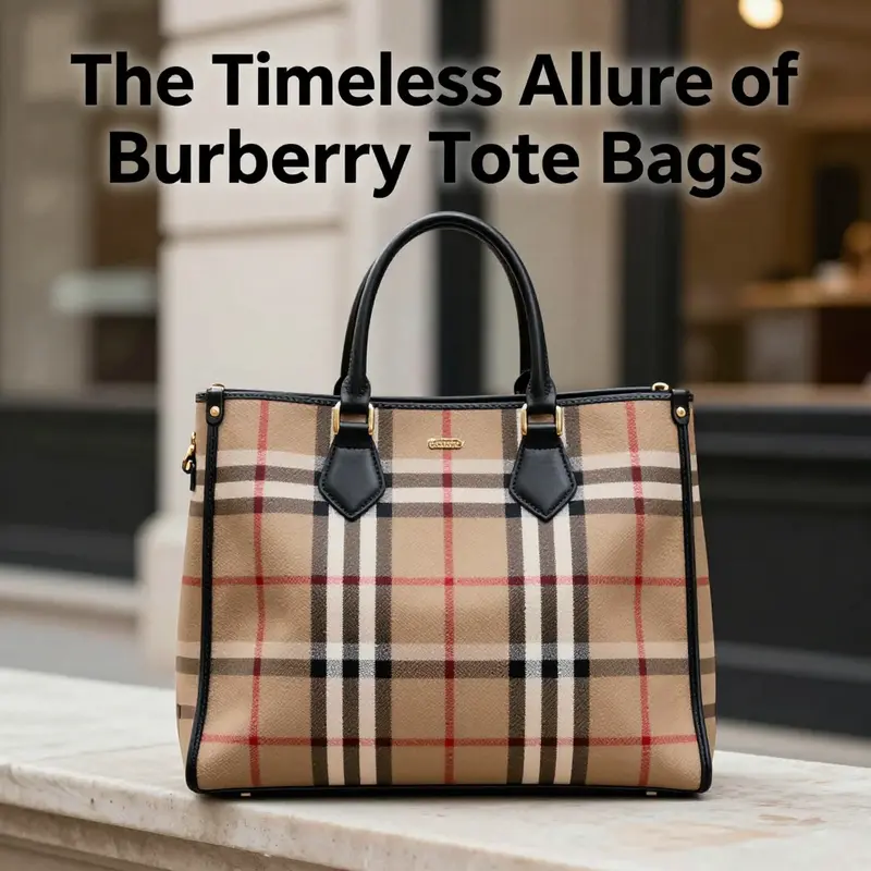 A Burberry tote bag positioned in a stylish urban setting, highlighting its iconic branding and design.