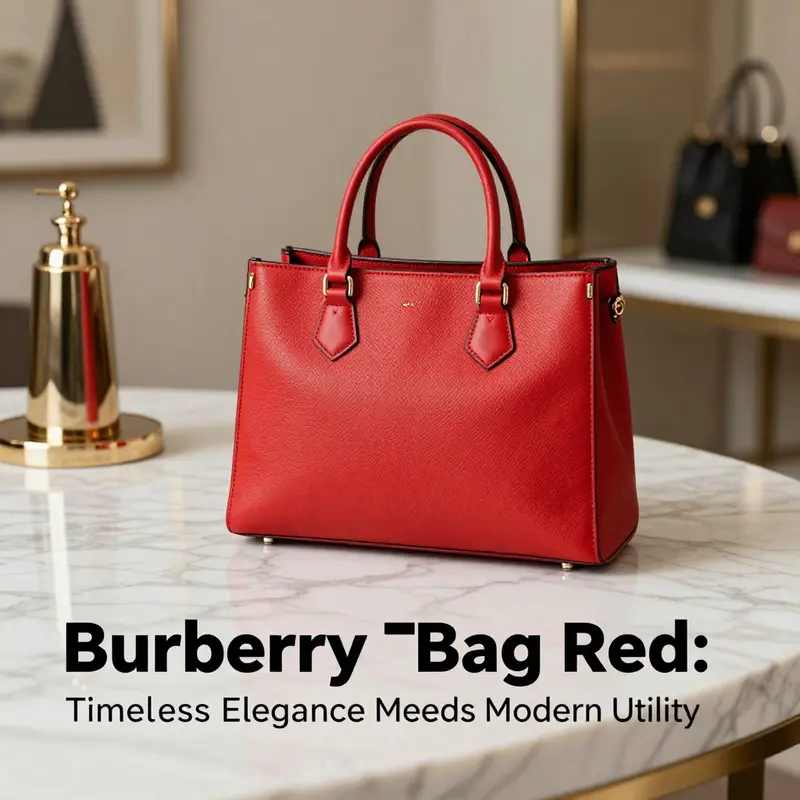 Burberry Tote Bag Red beautifully displayed on a marble surface alongside luxury items, representing elegance.