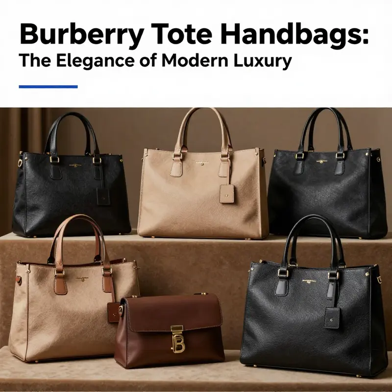 A collection of Burberry tote handbags arranged in a luxurious setting, symbolizing elegance.
