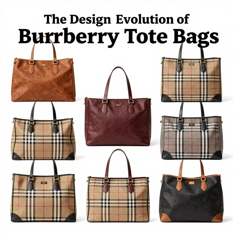 A visual timeline depicting the evolution of Burberry tote bag designs from classic patterns to contemporary styles.