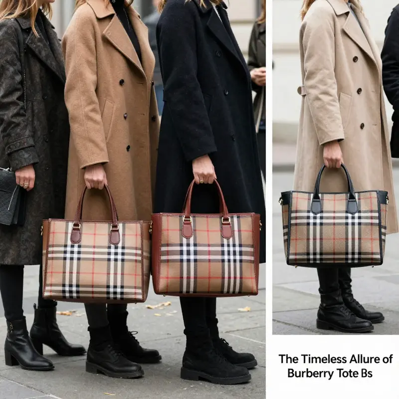 A visual timeline depicting the evolution of Burberry tote bag designs from classic patterns to contemporary styles.