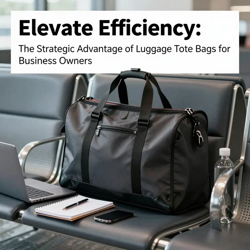 A luggage tote bag with travel accessories in an airport lounge setting, representing modern business travel.