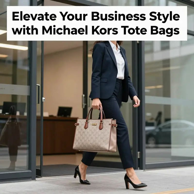 A confident business owner walking into an office building while carrying a Michael Kors tote bag.