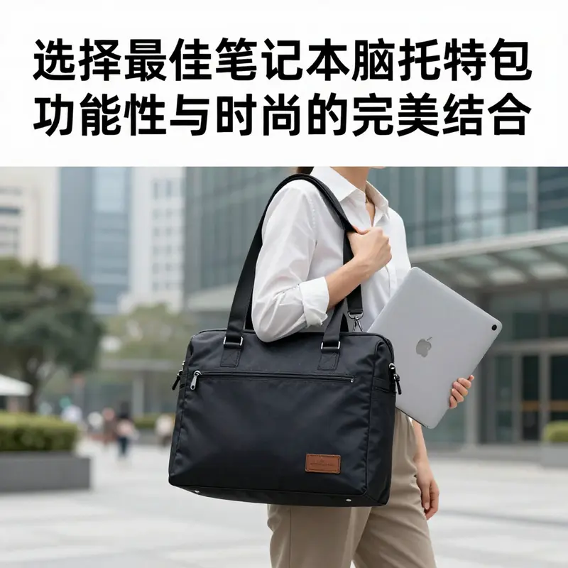 一位商务人士在城市中手持托特包，里面装着笔记本电脑，展现出时尚与功能的结合。