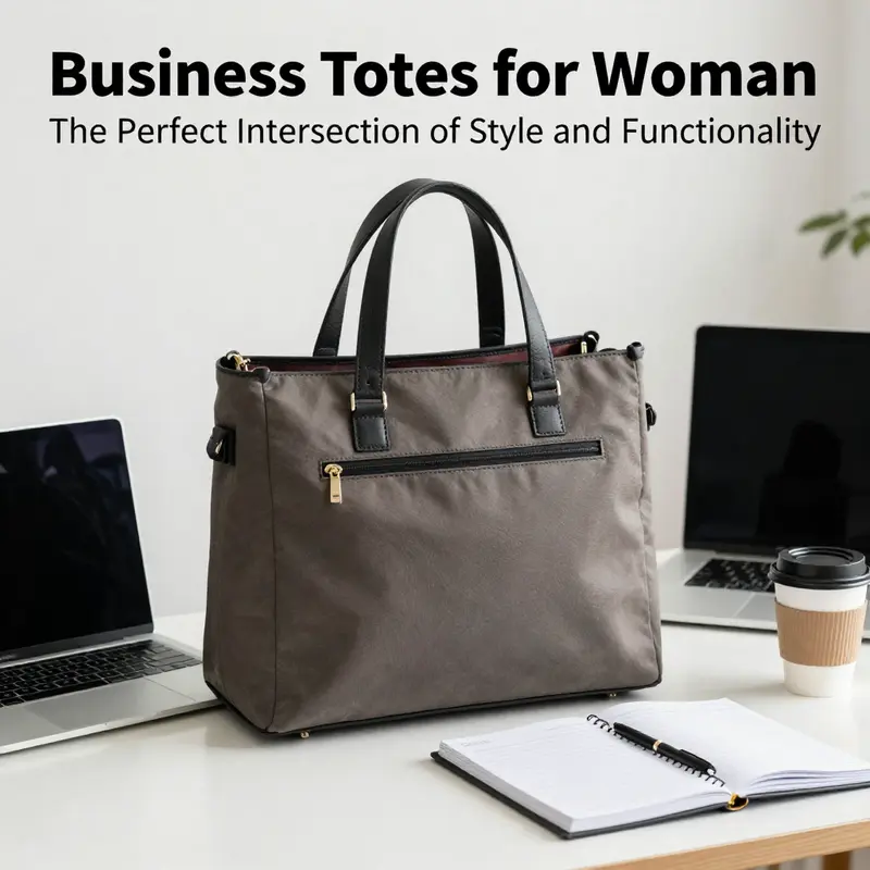 A business tote bag gracefully placed on a desk with a laptop, planner, and coffee, illustrating its role in a modern working environment.