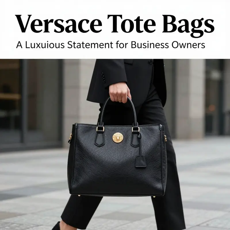 A business owner in a professional setting, stylishly carrying a Versace tote bag, showcasing the fusion of luxury and function.