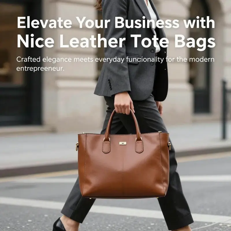 A businesswoman in a modern urban setting with a leather tote bag, showcasing elegance and professionalism.