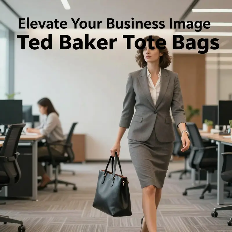 A stylish woman carrying a Ted Baker tote bag in an office setting, symbolizing the blend of fashion and professionalism.