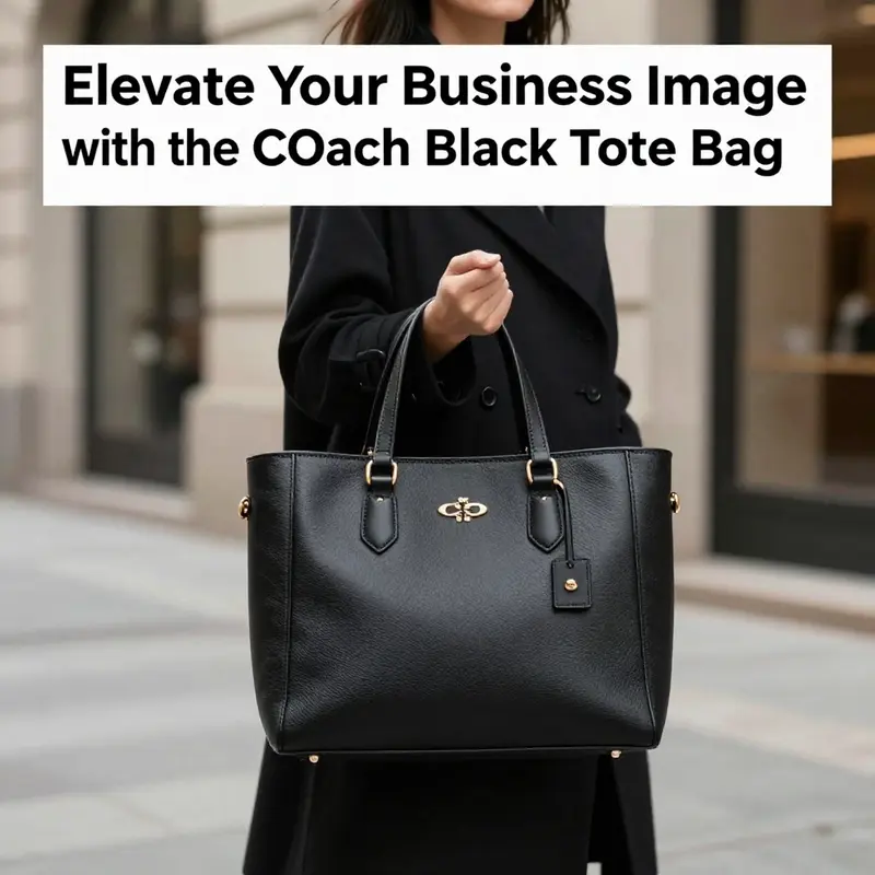 An image of a professional woman holding a COACH black tote bag, set in an urban environment.