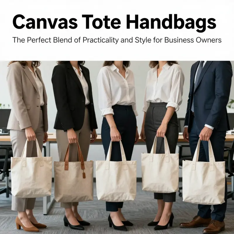A diverse group of professionals in a modern office, each holding a canvas tote bag, illustrating its stylish practicality.