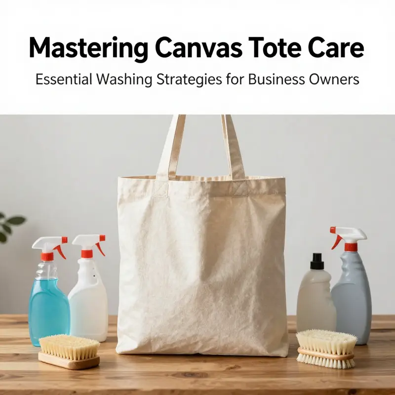 A stylish canvas tote bag on a table surrounded by cleaning supplies for cleaning and maintaining the bag's appearance.