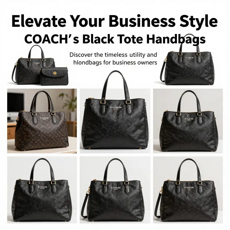 A collection of COACH black tote handbags displayed in professional settings.