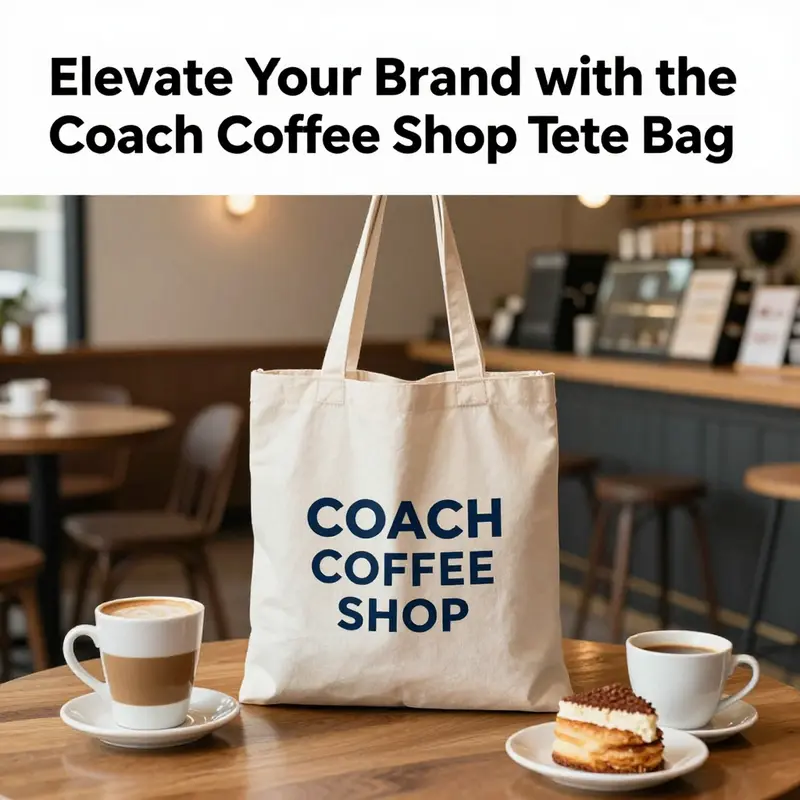 The Coach Coffee Shop Tote Bag elegantly displayed next to coffee and pastries in a cozy coffee shop.