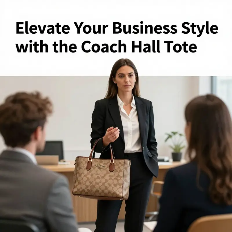 A businesswoman confidently holding the Coach Hall Tote while interacting with clients.