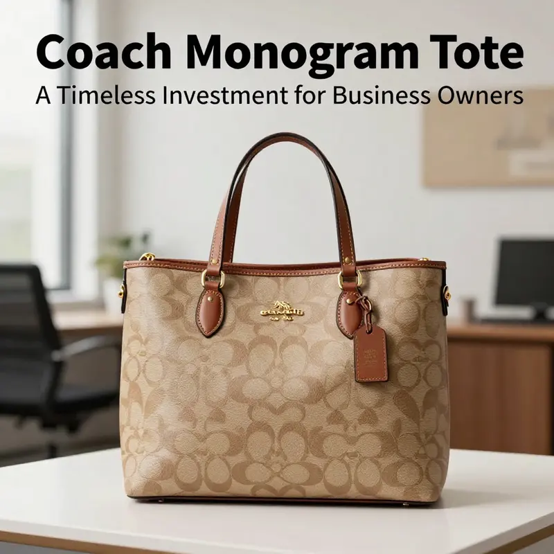 A stylish arrangement of the Coach Monogram Tote in an office setting, showcasing its elegant design.