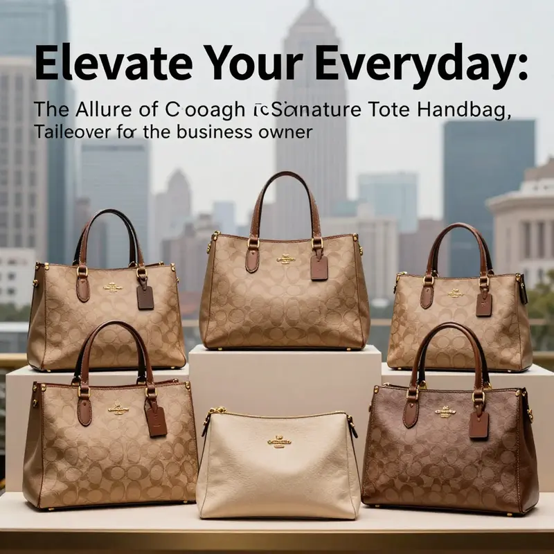 A collection of Coach Signature Tote Handbags showcased against a cityscape backdrop, emphasizing style and luxury.