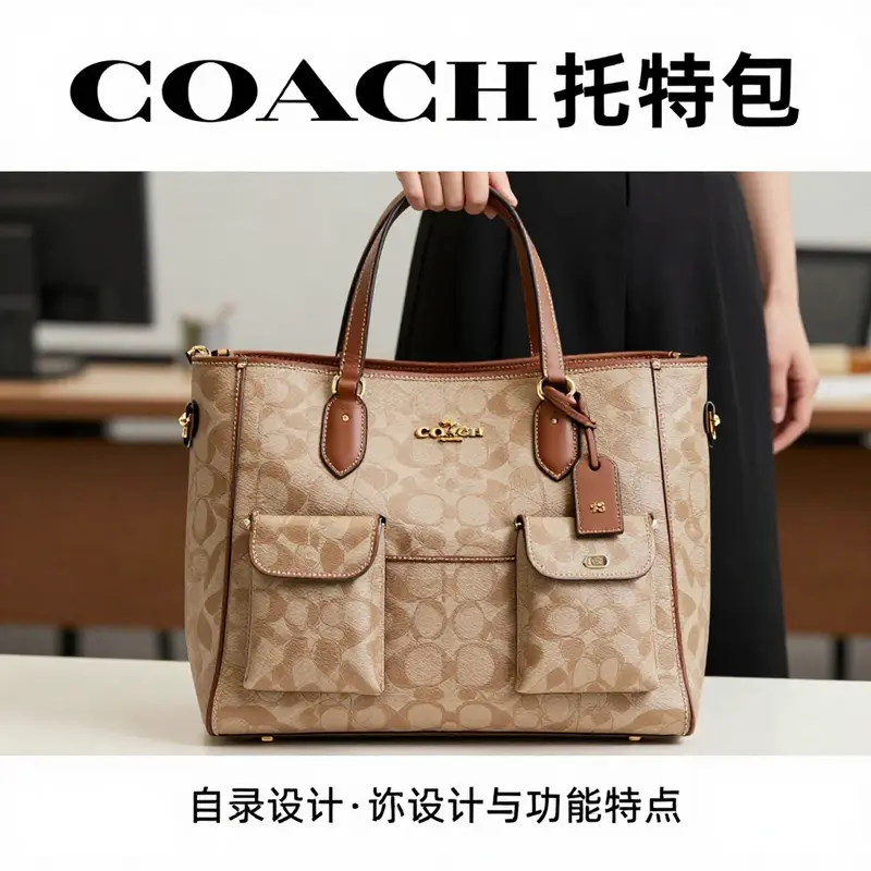 The sophisticated design and functional features of a COACH tote bag highlighting its suitability for professional use.