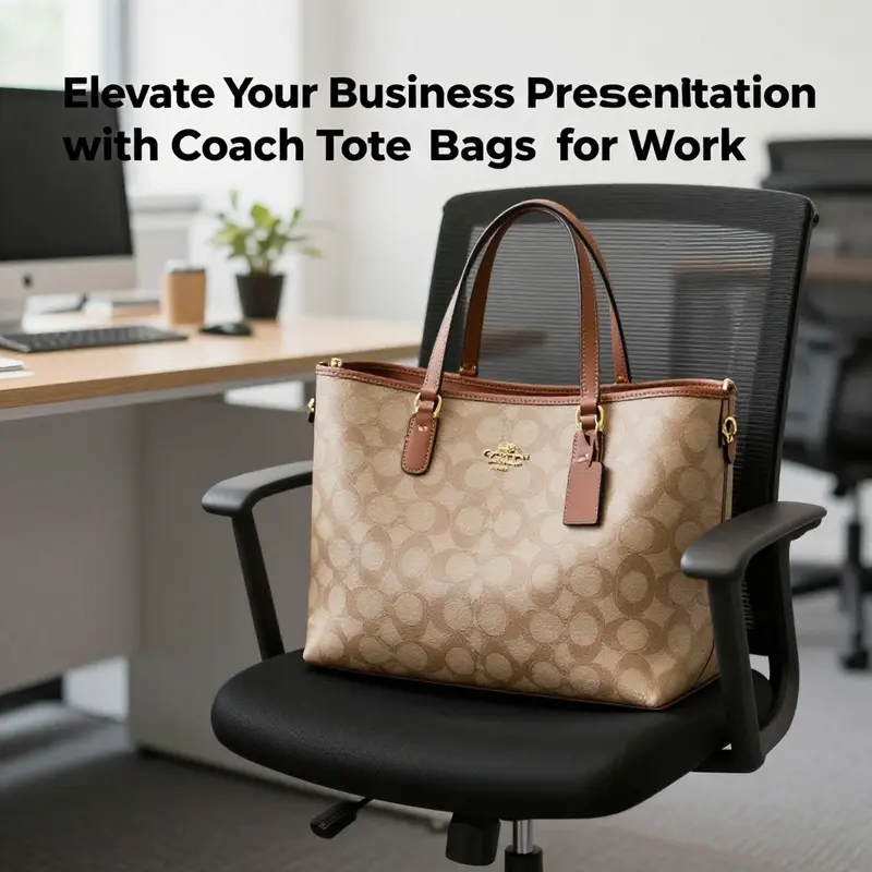 A Coach tote bag elegantly placed on a modern office chair in a polished workspace.
