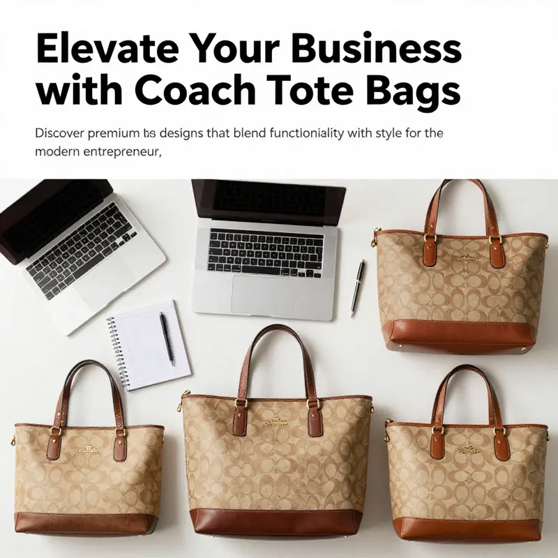 Flat lay of Coach tote bags alongside business essentials, symbolizing professional style and utility.