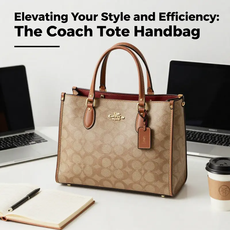 A Coach tote handbag elegantly positioned on a desk with business items, symbolizing its usefulness for professionals.