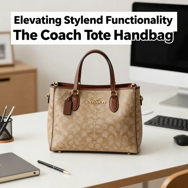 A Coach tote handbag on a stylish desk, showcasing its role in enhancing business aesthetics.