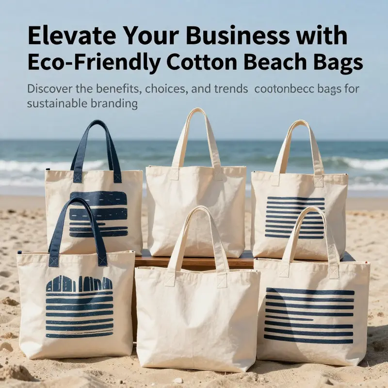 A variety of cotton beach bags on a beach, representing style, utility, and environmental consciousness.