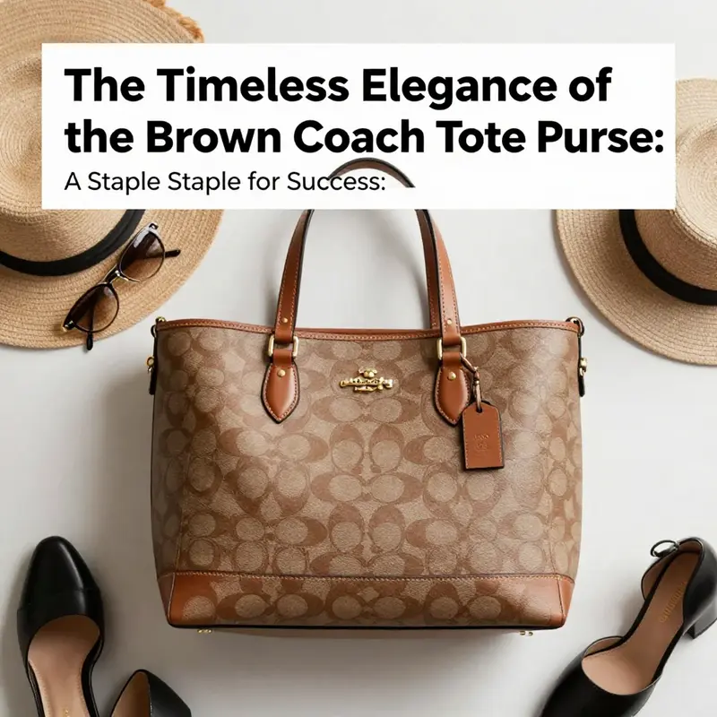 An aesthetically arranged flat lay featuring the Brown Coach Tote with complementary fashion items.