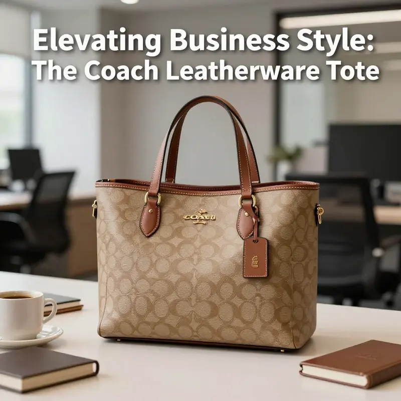 An elegant Coach leather tote in a professional setting, depicting its role as a luxury accessory.