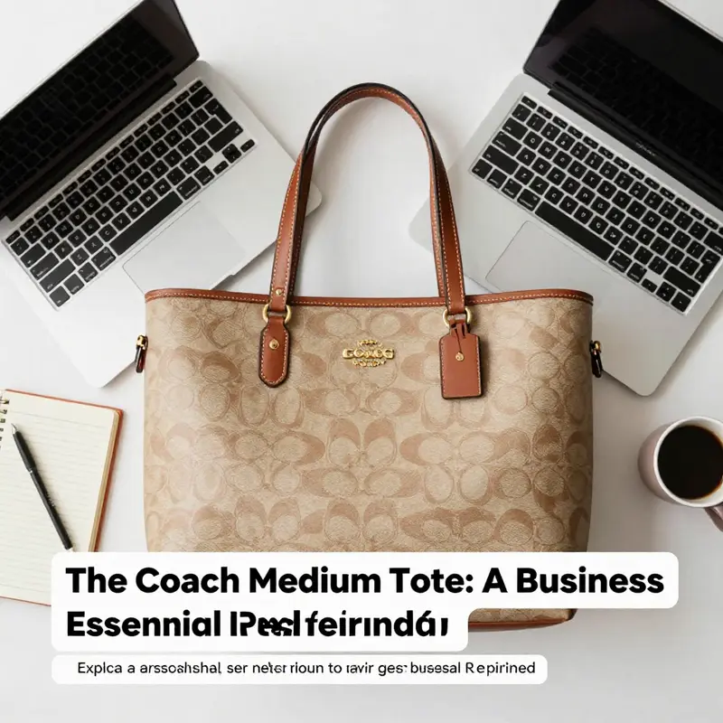 An overhead view of the Coach Medium Tote with business items, symbolizing its essential role for professionals.