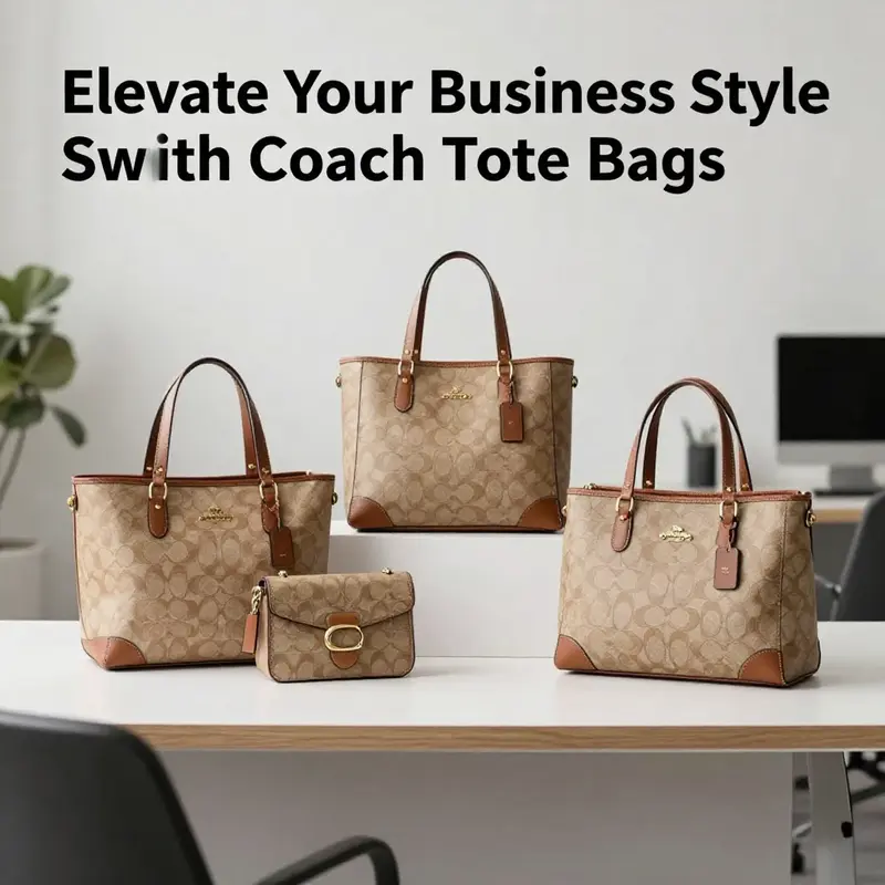An array of Coach tote bags elegantly arranged on a modern workspace.