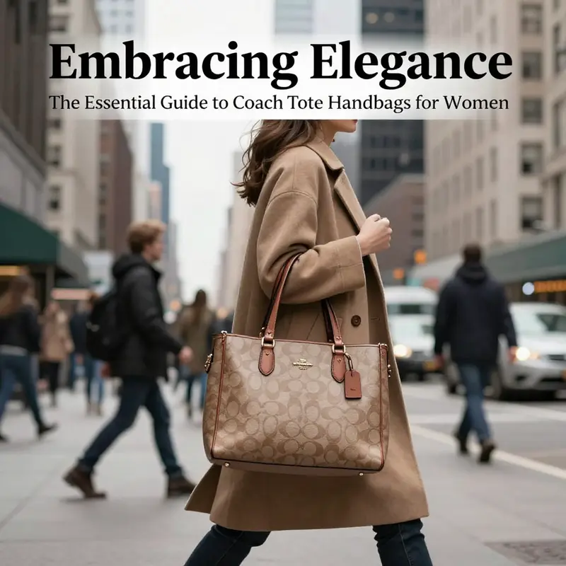 A woman walking in the city, elegantly carrying a Coach tote handbag, representing modern elegance.