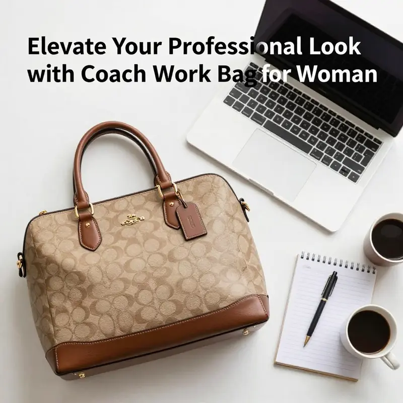 A laid-out workspace with a Coach work bag, laptop, and office supplies, symbolizing organization and professional style.