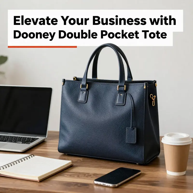 A Dooney and Bourke Double Pocket Tote displayed in a business setting next to a laptop and notebook.