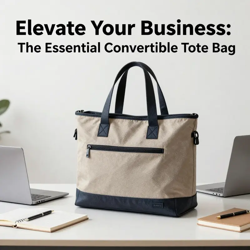 A professional workspace featuring a stylish convertible tote bag alongside a laptop and writing materials.