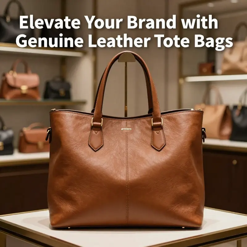 A sophisticated genuine leather tote bag on display in a retail setting, highlighting its design and craftsmanship.