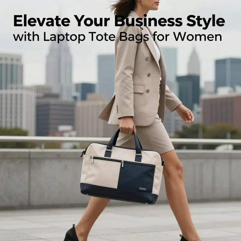 A confident woman walking in a city, showcasing her laptop tote bag as part of her professional outfit against a vibrant skyline.
