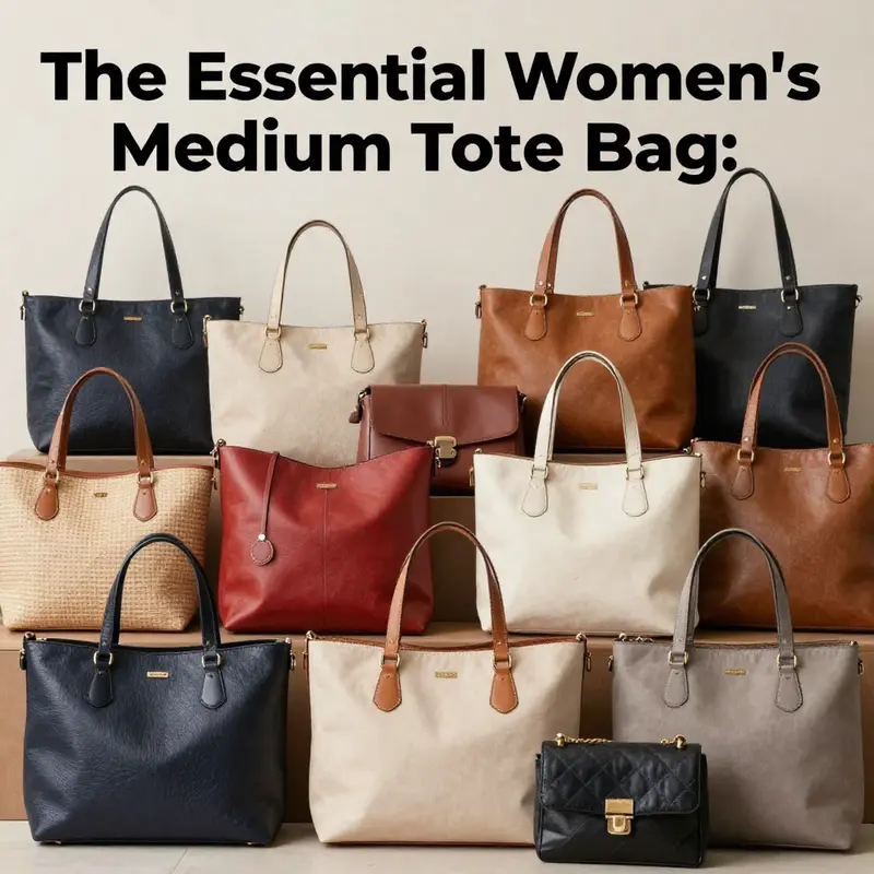 A collection of women's medium tote bags in various styles and materials arranged aesthetically.