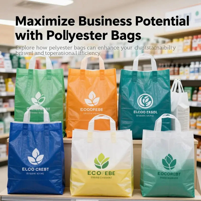An engaging display of colorful polyester bags in a sustainable retail setting, highlighting eco-friendly branding.