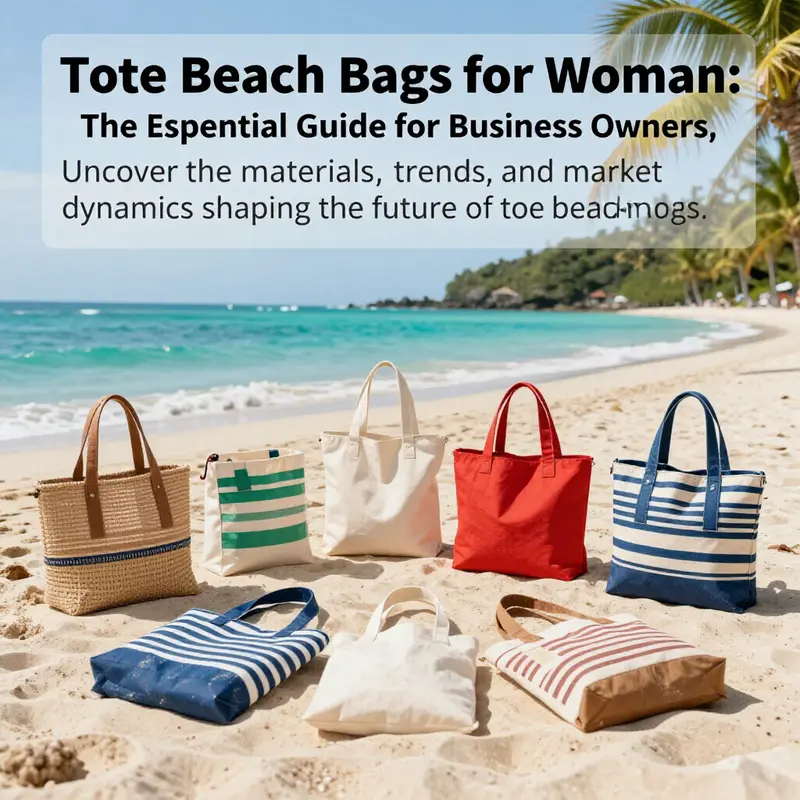 A variety of tote beach bags displayed on a beach with palm trees and ocean in the background.
