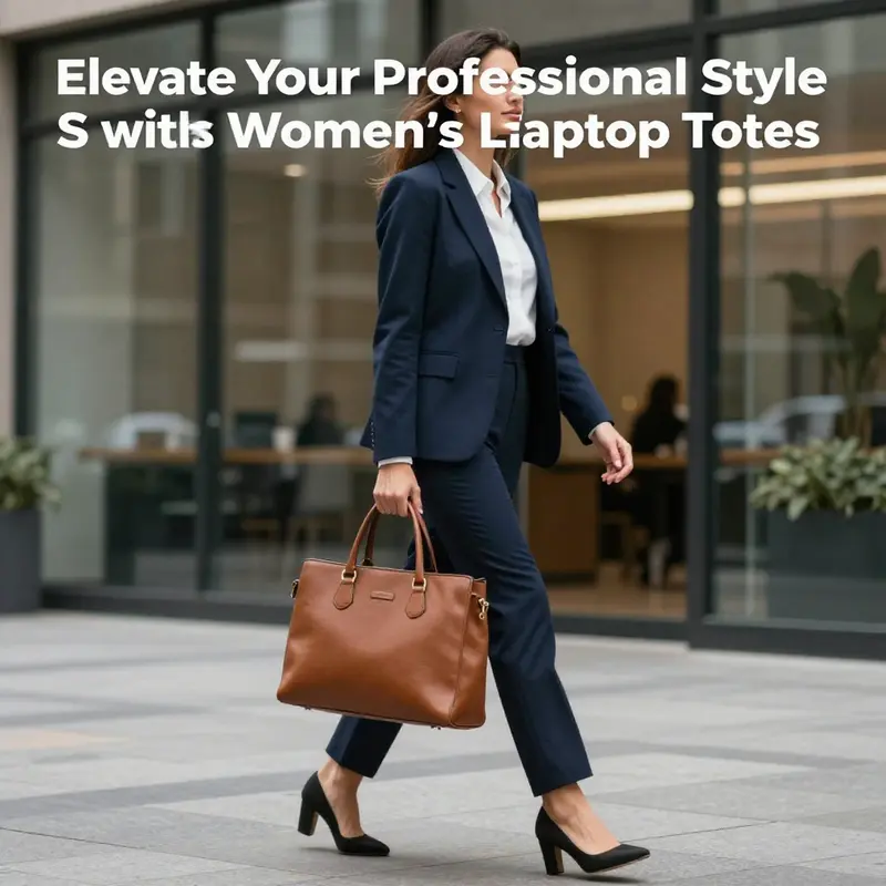 A fashionable businesswoman with a laptop tote walking through an urban setting.