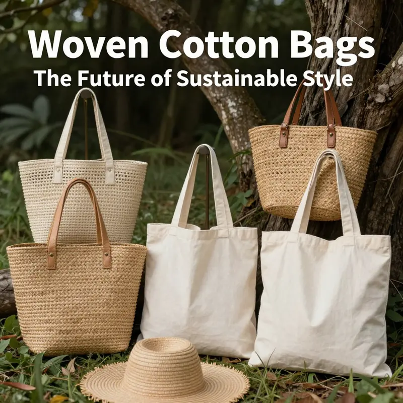 Assorted woven cotton bags arranged with natural elements to convey sustainability.