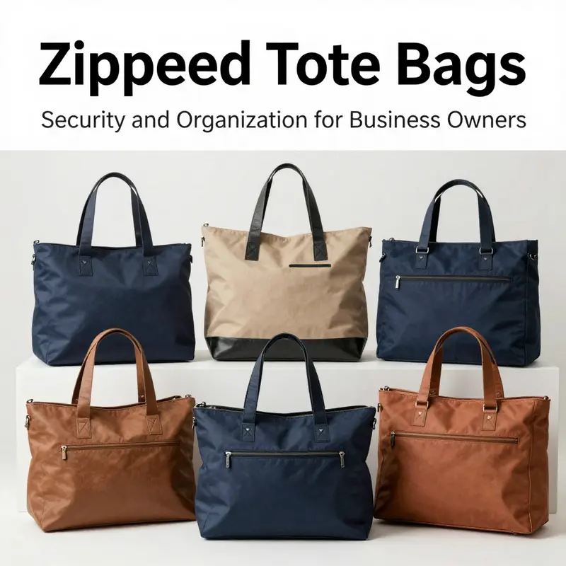 An array of diverse and stylish zippered tote bags displayed to highlight their practicality in everyday situations.