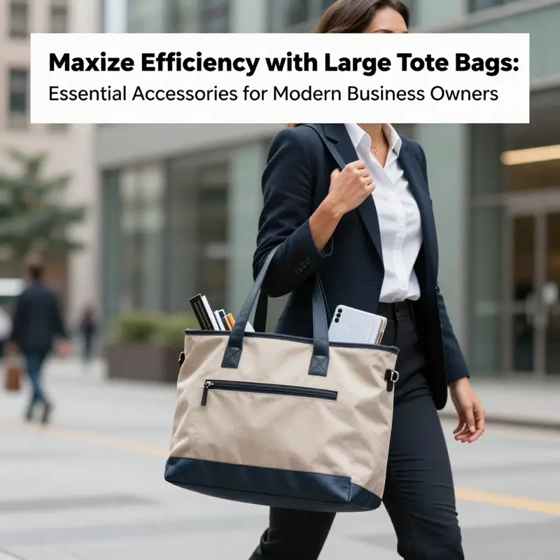 A professional woman carrying a large tote bag in a busy urban setting.