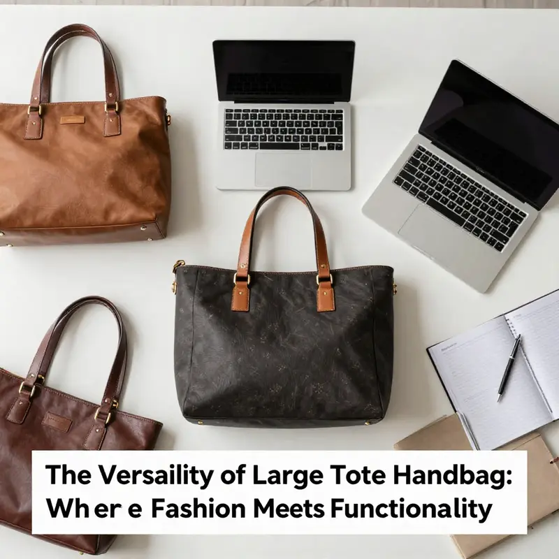 Flat lay of large tote handbags with laptops and planners, depicting professionalism and style.