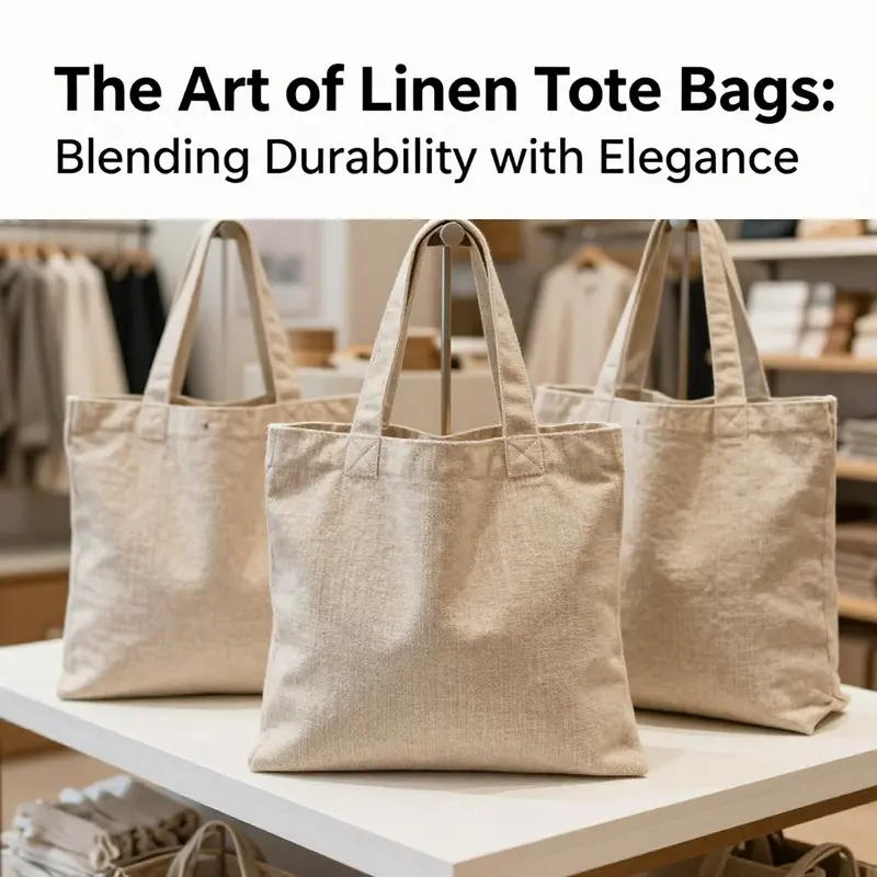 An elegant arrangement of linen tote bags in a bright store, representing sustainability and fashion aesthetics.