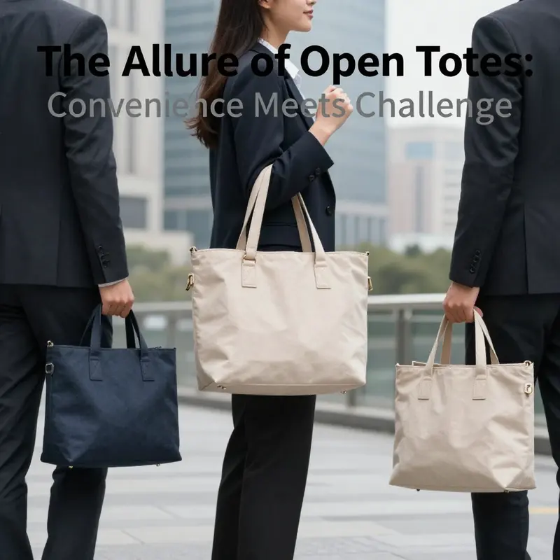 Business professionals in a city environment carrying open tote bags, symbolizing contemporary functionality.
